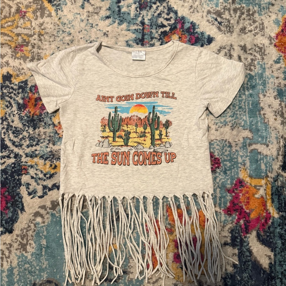 Gray and Orange Short Sleeve Tee with Fringe Detail